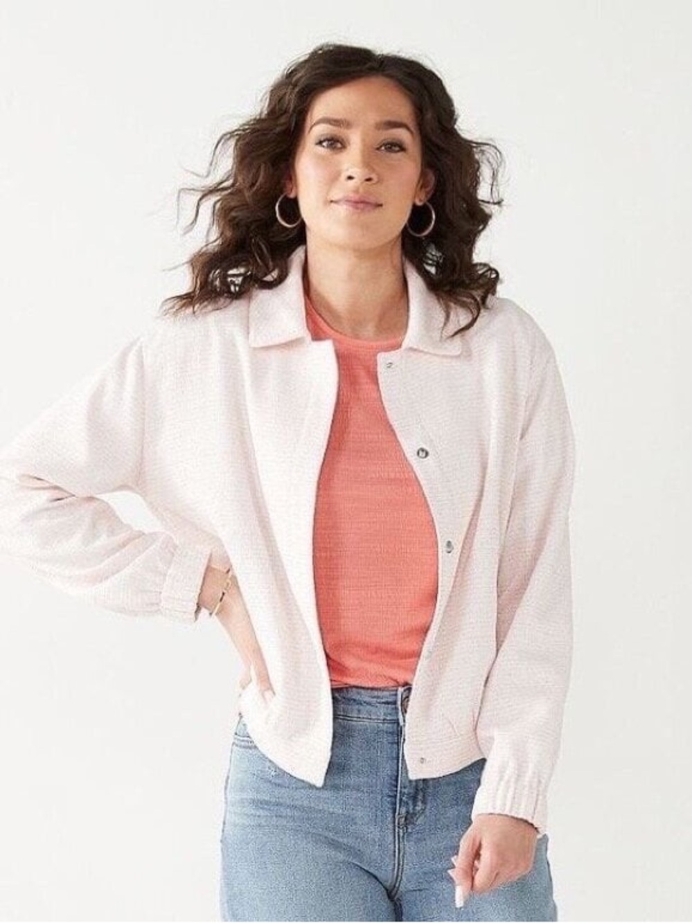 Nine West Blush Pink Women Tweed Collar Snap Button Jacket size M